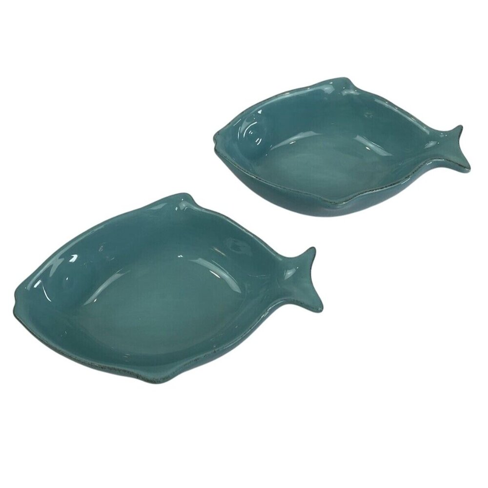 Vintage Fish-Shaped Ceramic Bowls In Aqua Blue Set Of 2 Coastal Nautical
